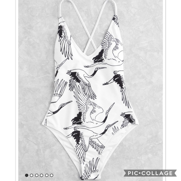 Crane Print Lace Up Back Swimsuit - Picture 3 of 7